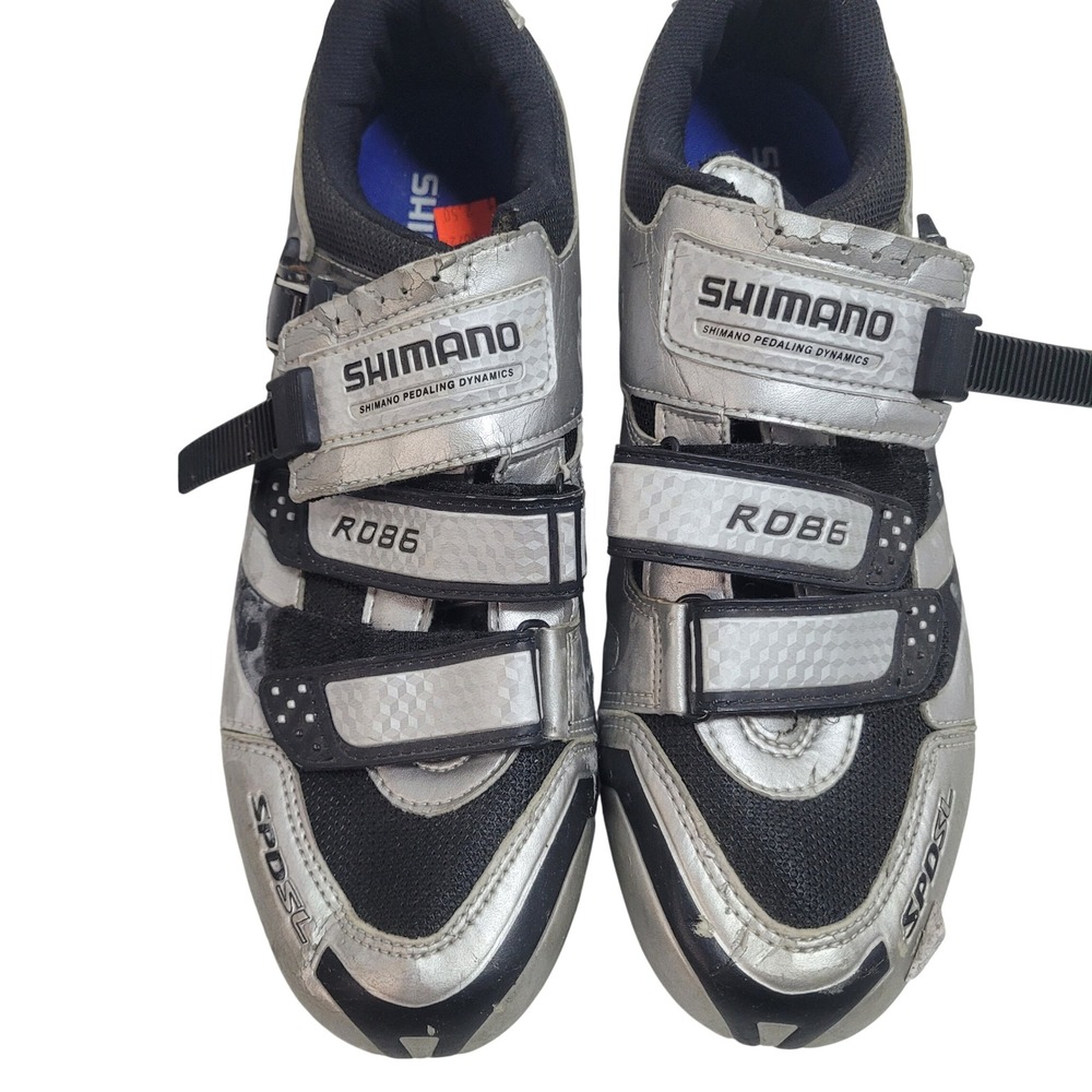 Shimano RD86 Road Cycling Shoes Silver Black SPD-SL Men Size 44 Ratchet Strap